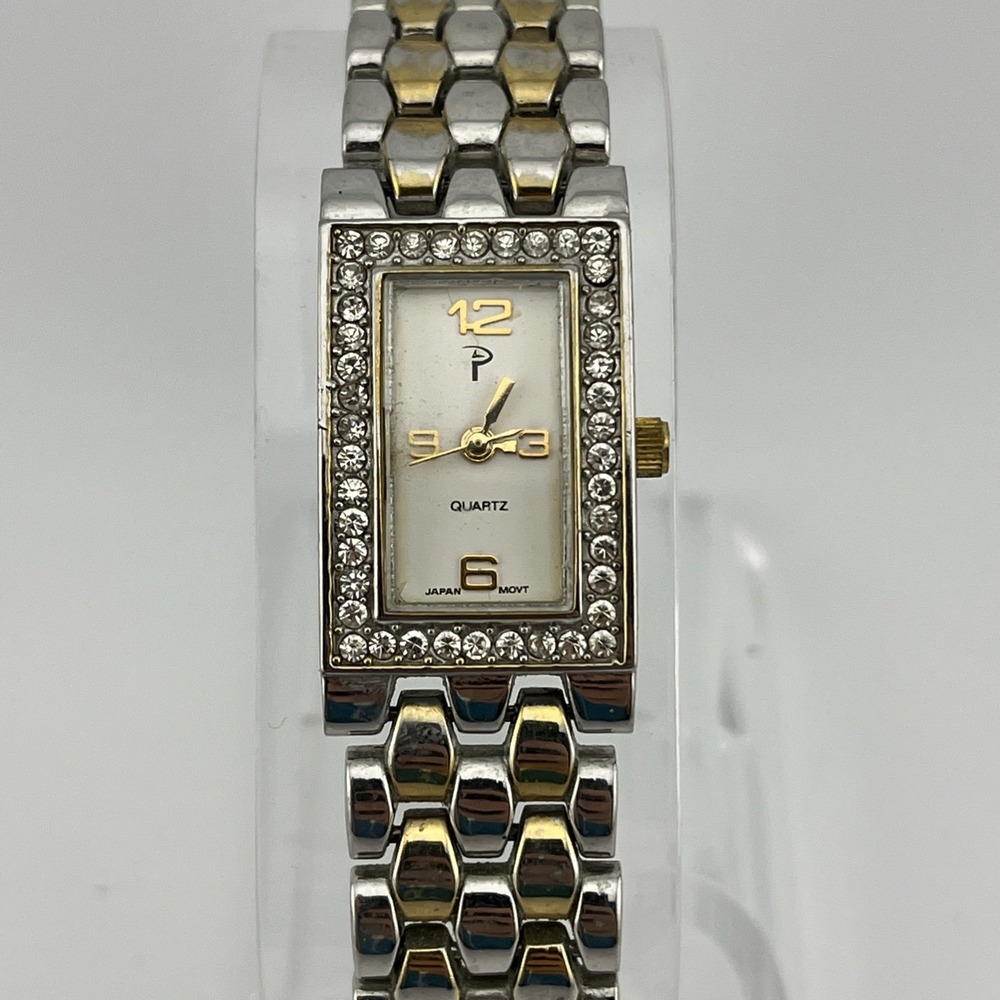 P Watch Women 18mm Case Rhinestone Bezel 6.75"‎ Two Tone Band- New Battery
